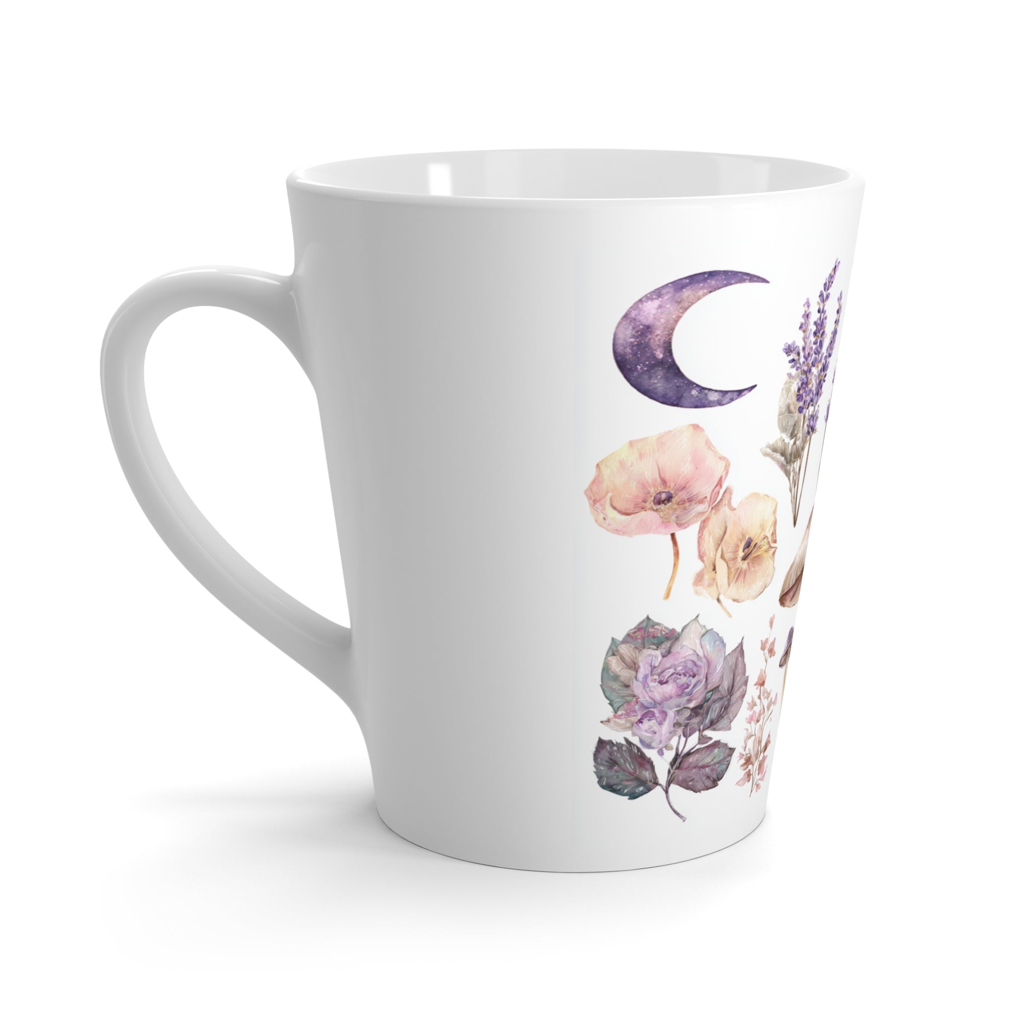 Latte Mug — Lavender Floral & Mushrooms Moon Ceramic Coffee Cup