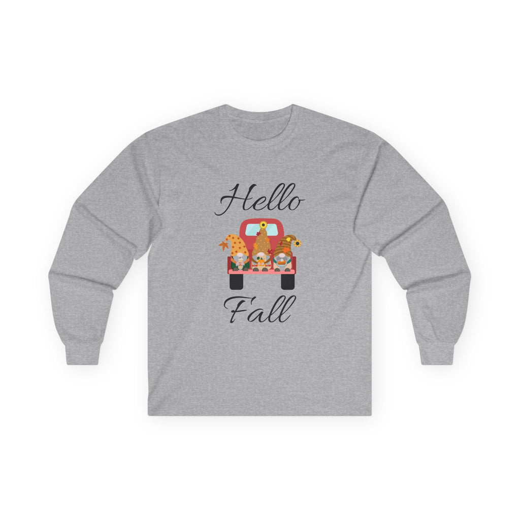 Hello Fall Long Sleeve Tee, Unisex Cotton Shirt, Autumn Apparel, Cozy Clothing, Seasonal Tee, Thanksgiving Gift