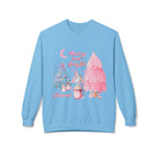 Christmas Crewneck Sweatshirt - "Merry and Bright" Pink Holiday Tree & Cocoa Design