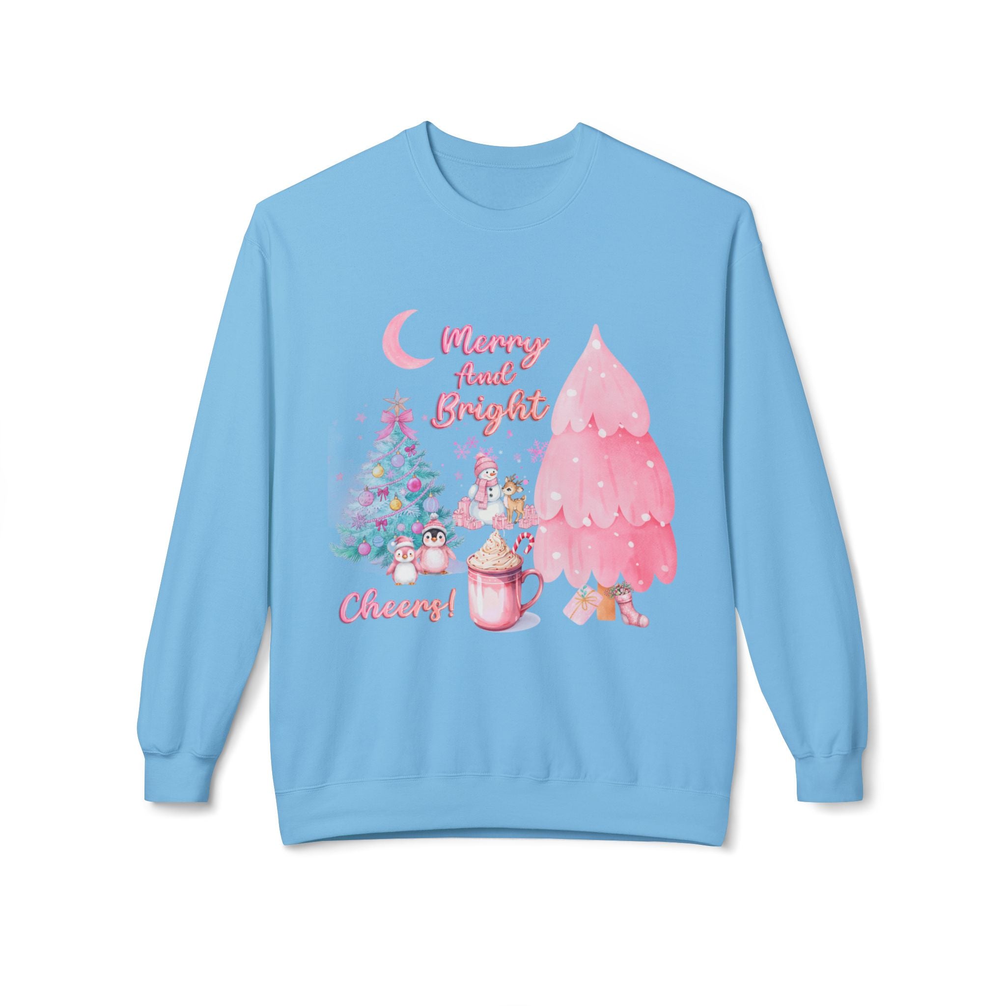 Christmas Crewneck Sweatshirt - "Merry and Bright" Pink Holiday Tree & Cocoa Design