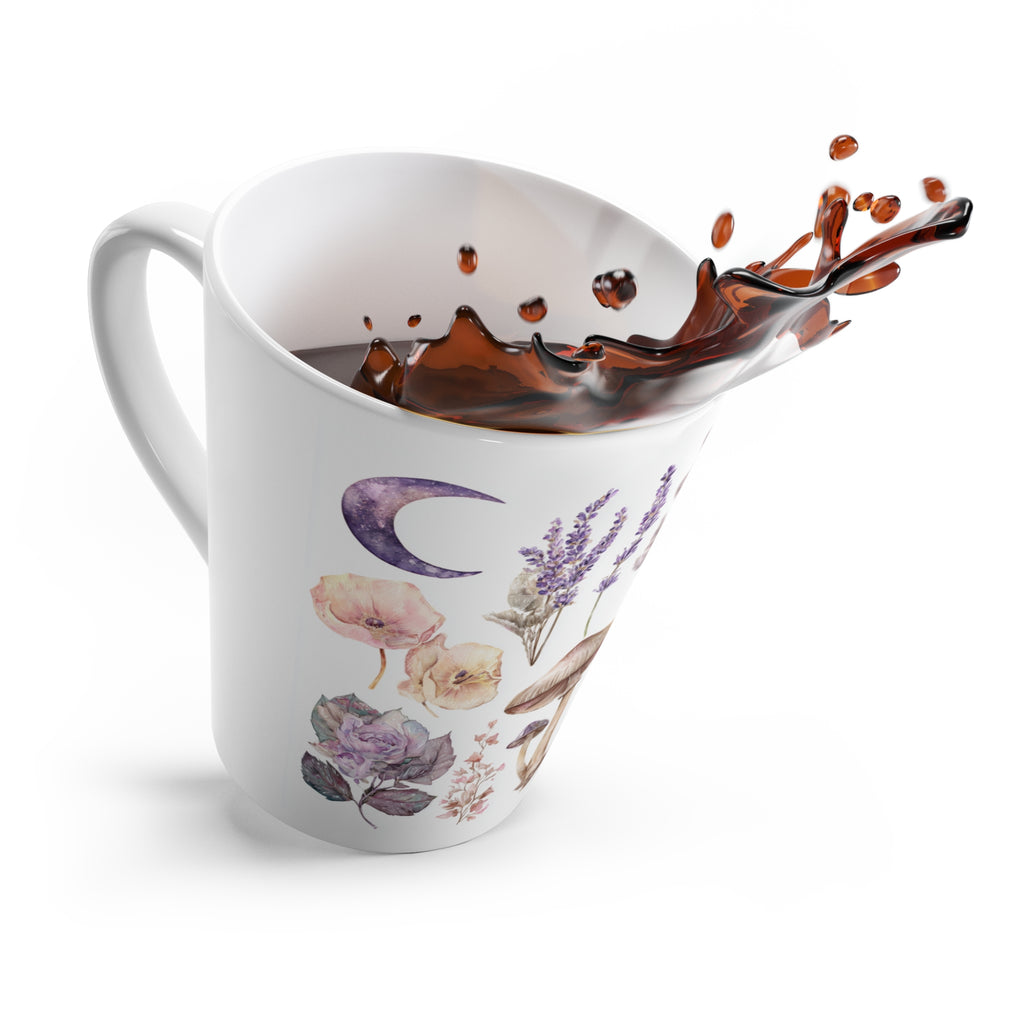 Latte Mug — Lavender Floral & Mushrooms Moon Ceramic Coffee Cup