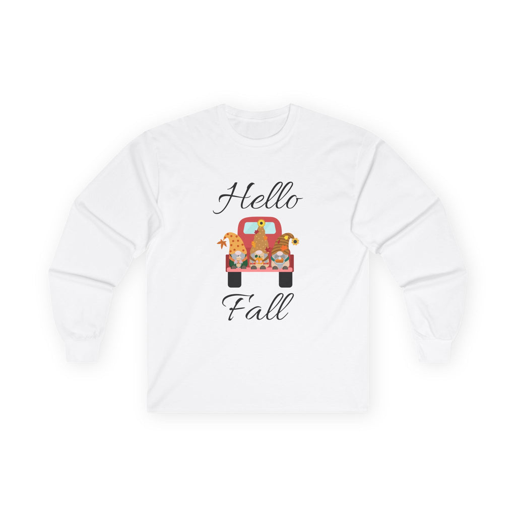 Hello Fall Long Sleeve Tee, Unisex Cotton Shirt, Autumn Apparel, Cozy Clothing, Seasonal Tee, Thanksgiving Gift