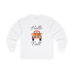 Hello Fall Long Sleeve Tee, Unisex Cotton Shirt, Autumn Apparel, Cozy Clothing, Seasonal Tee, Thanksgiving Gift