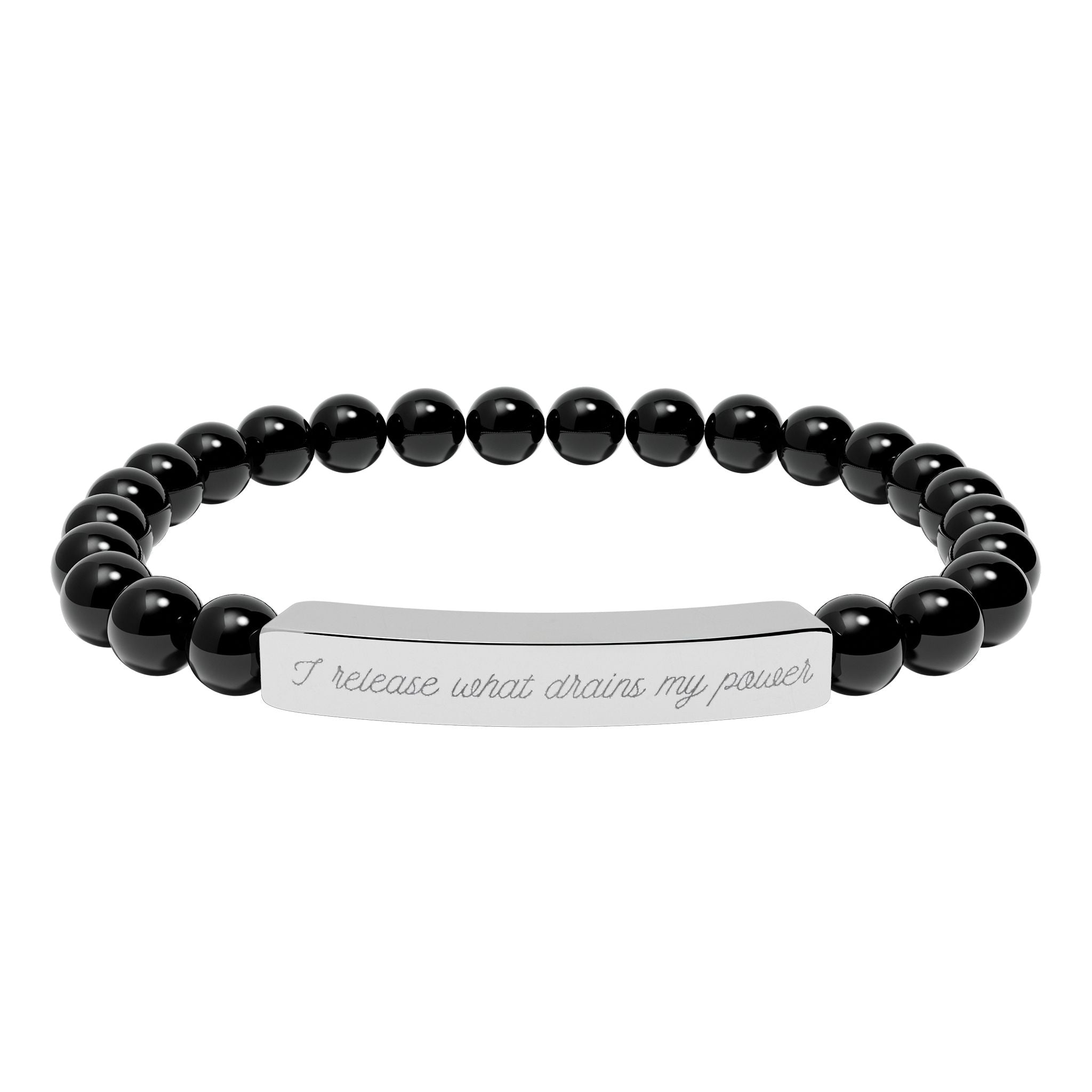 “I release what drains my power”  Engraved Onyx Stretch Bar Bracelet