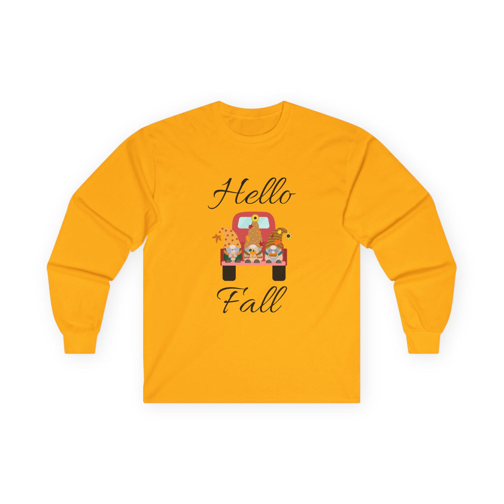 Hello Fall Long Sleeve Tee, Unisex Cotton Shirt, Autumn Apparel, Cozy Clothing, Seasonal Tee, Thanksgiving Gift