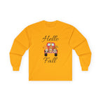 Hello Fall Long Sleeve Tee, Unisex Cotton Shirt, Autumn Apparel, Cozy Clothing, Seasonal Tee, Thanksgiving Gift