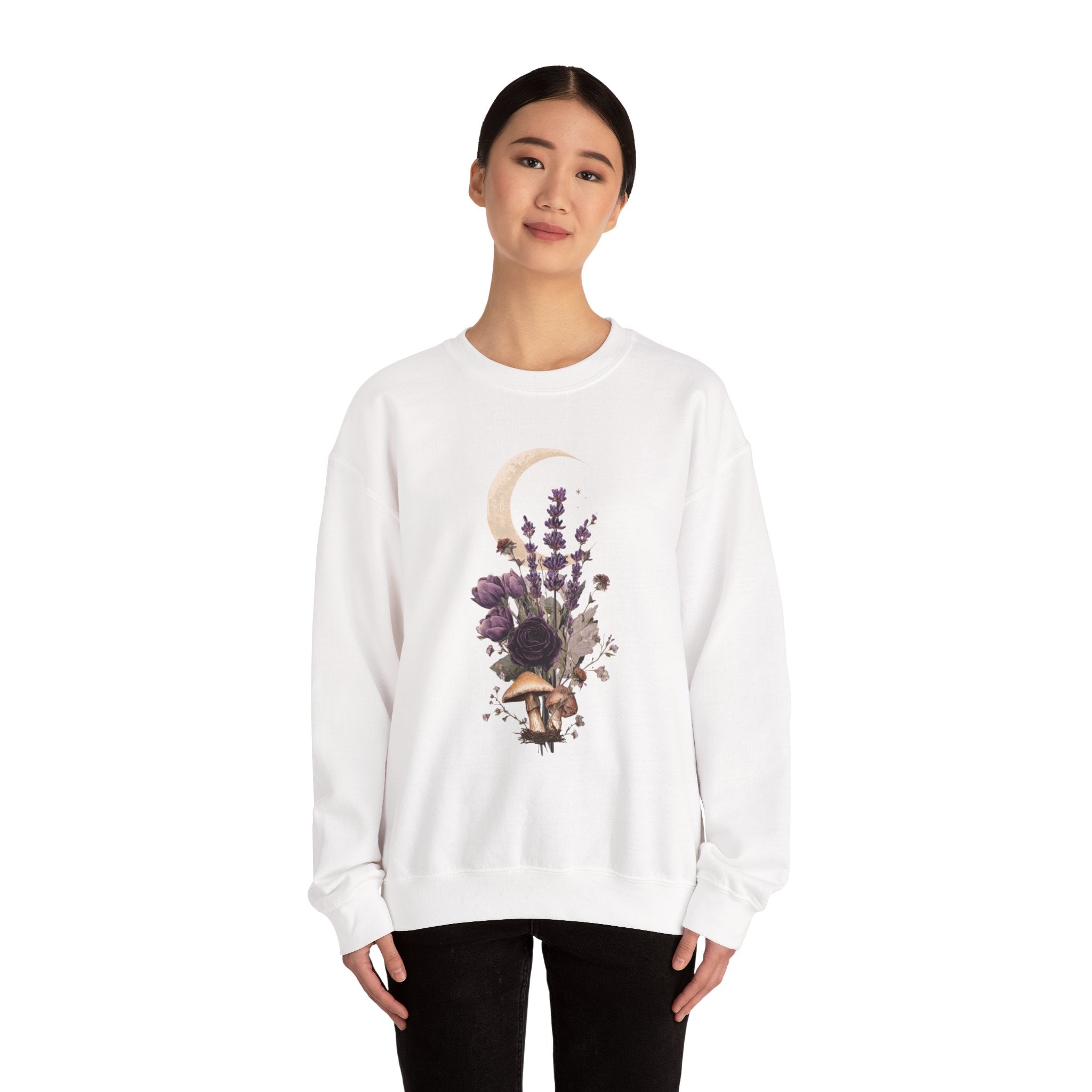 Floral Moon Mystic Sweatshirt – Moon above a floral mushroom bouquet.