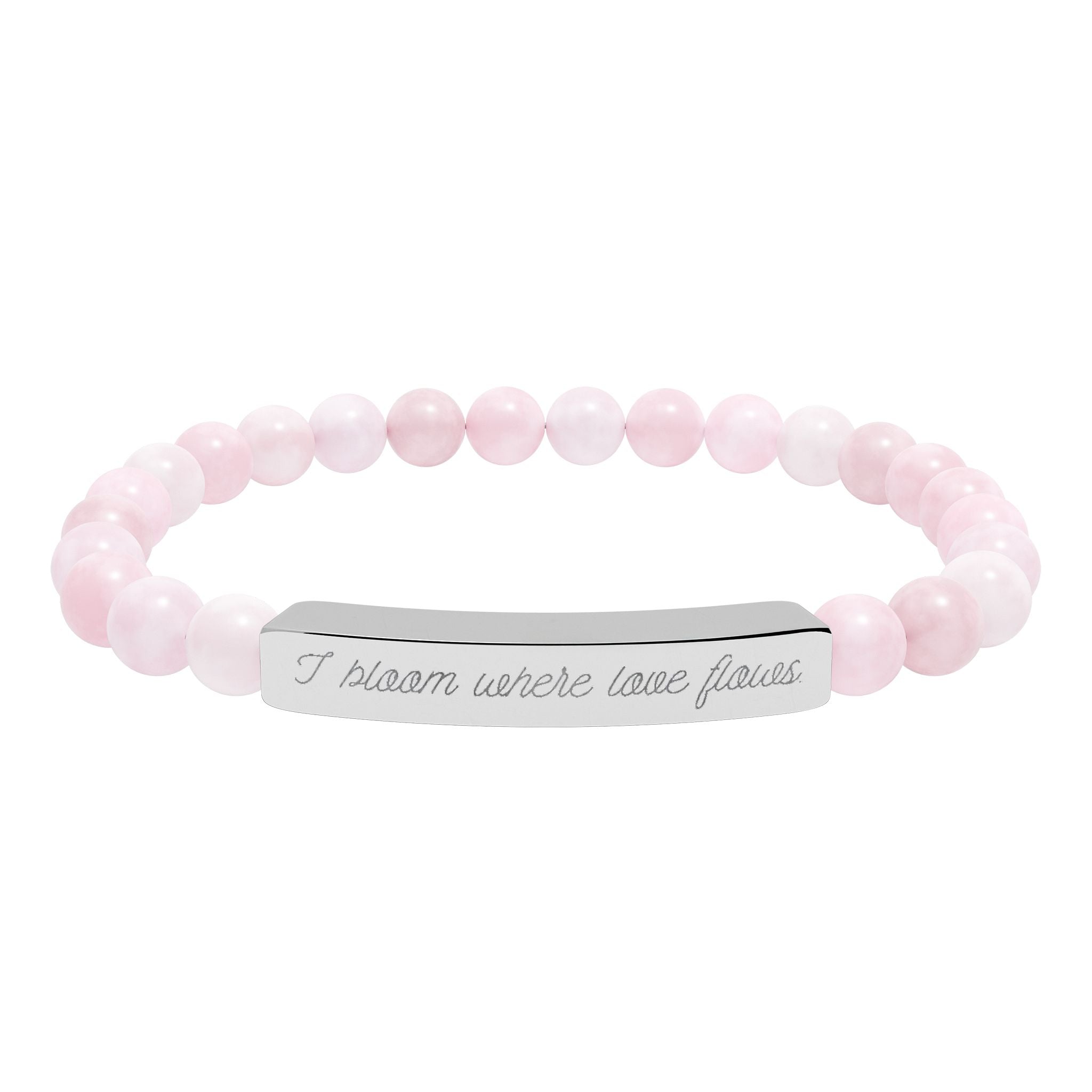 "I bloom where love flows" Engraved Rose Quartz Bracelet for Mindfulness and Self-Care