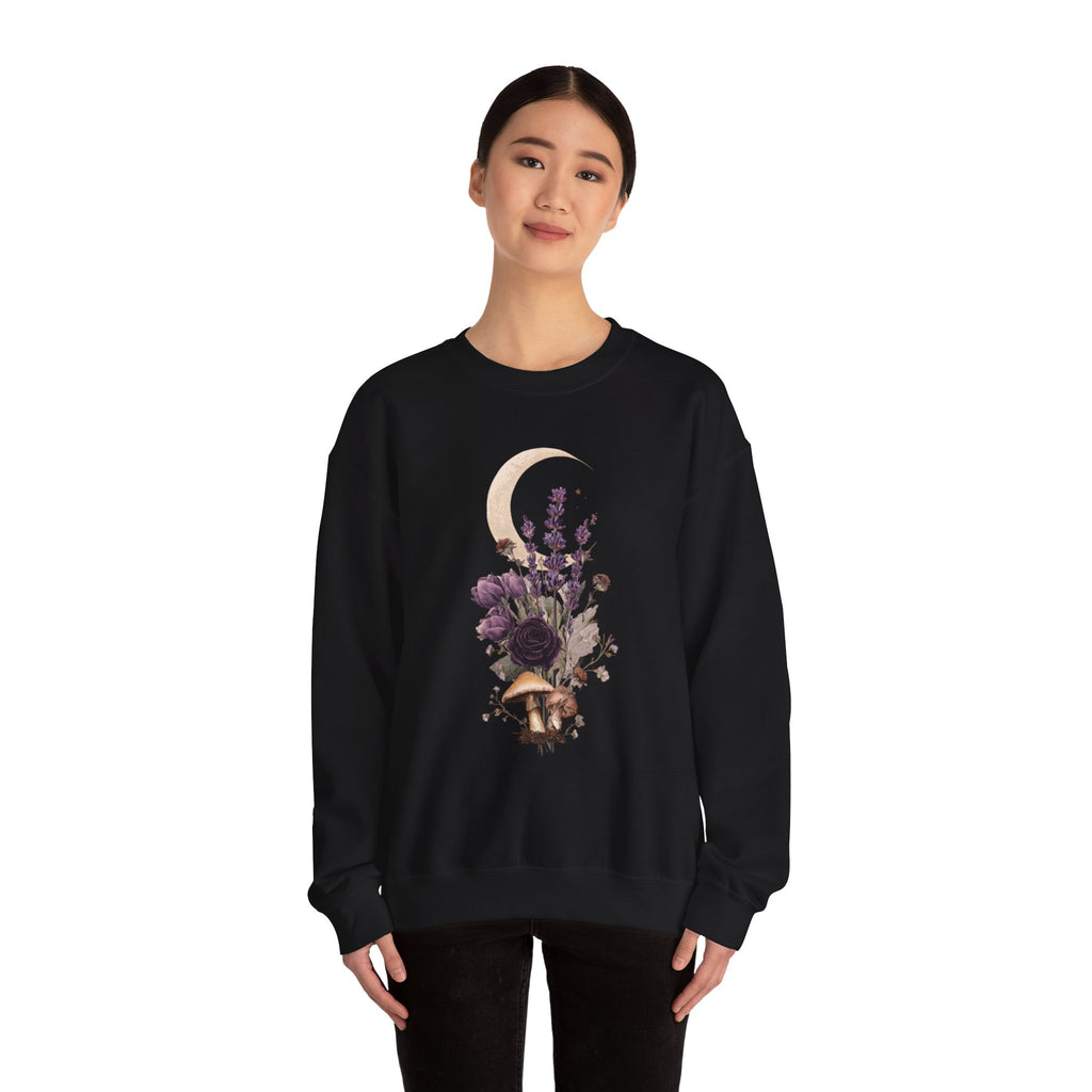 Floral Moon Mystic Sweatshirt – Moon above a floral mushroom bouquet.