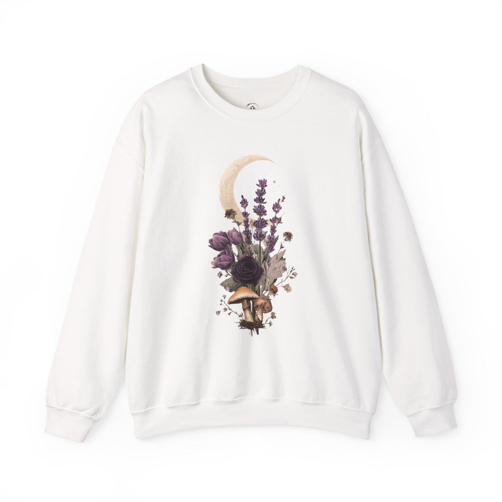 Floral Moon Mystic Sweatshirt – Moon above a floral mushroom bouquet.