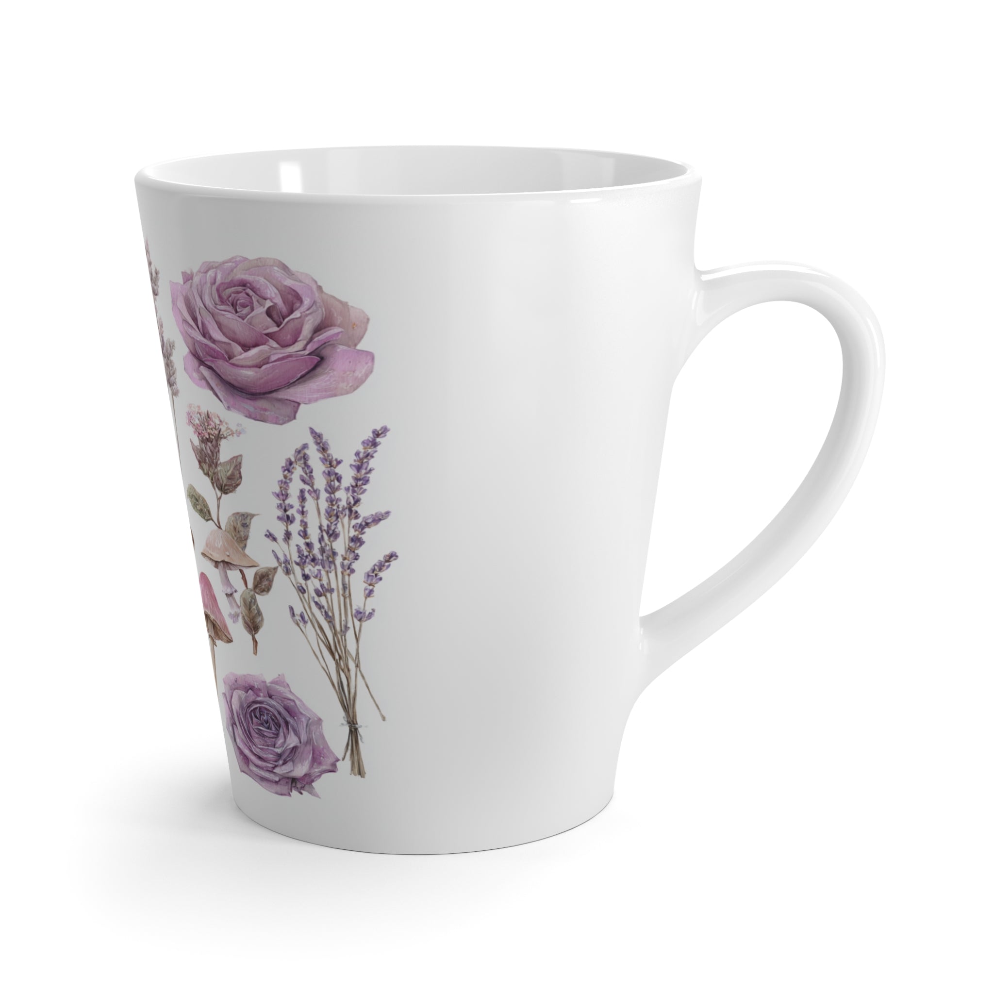 Latte Mug — Lavender Floral & Mushrooms Moon Ceramic Coffee Cup