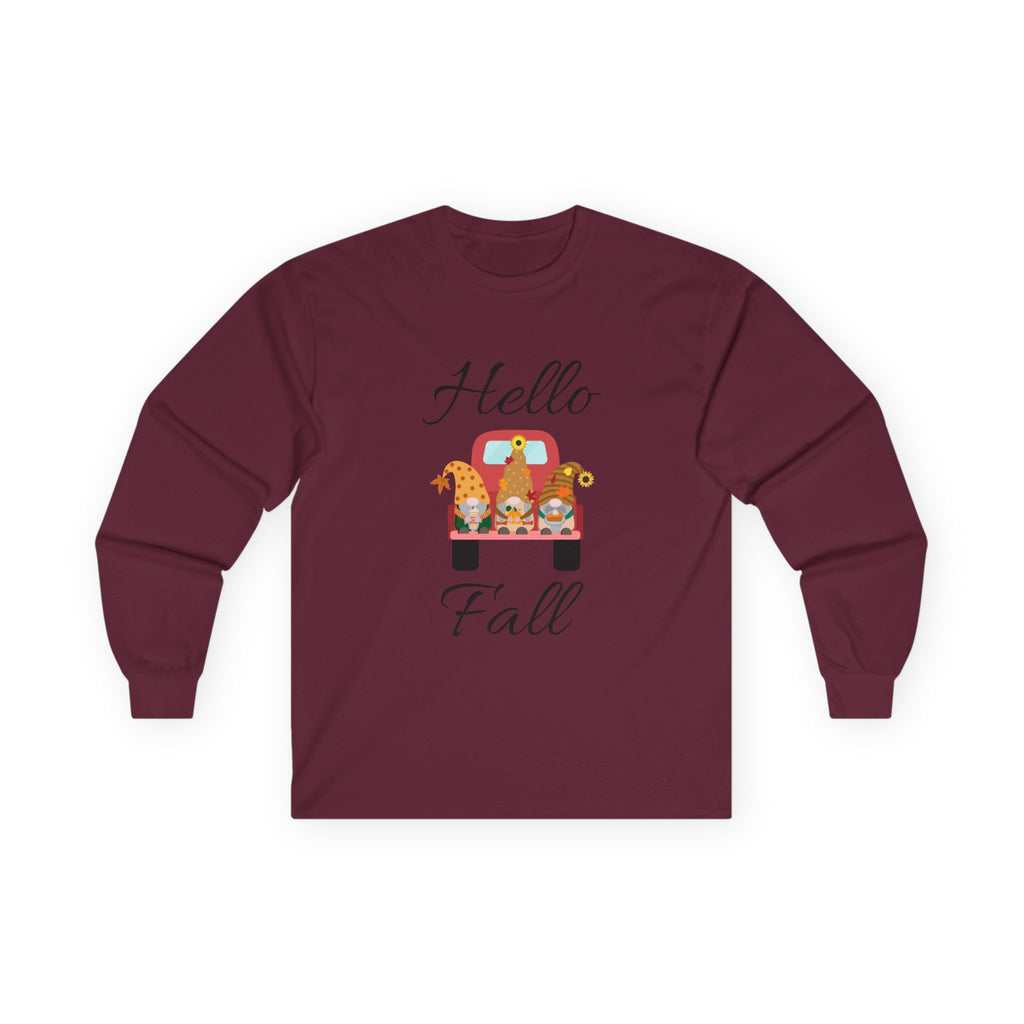 Hello Fall Long Sleeve Tee, Unisex Cotton Shirt, Autumn Apparel, Cozy Clothing, Seasonal Tee, Thanksgiving Gift