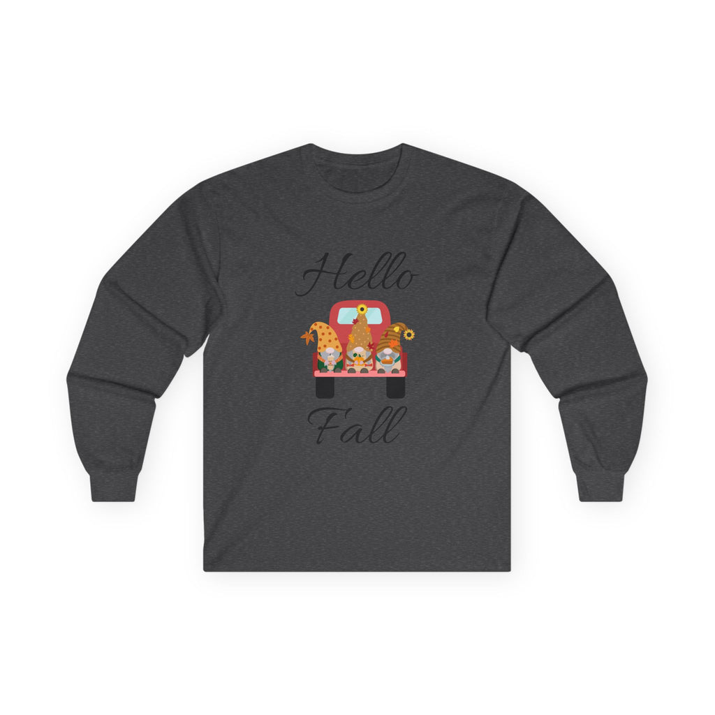 Hello Fall Long Sleeve Tee, Unisex Cotton Shirt, Autumn Apparel, Cozy Clothing, Seasonal Tee, Thanksgiving Gift