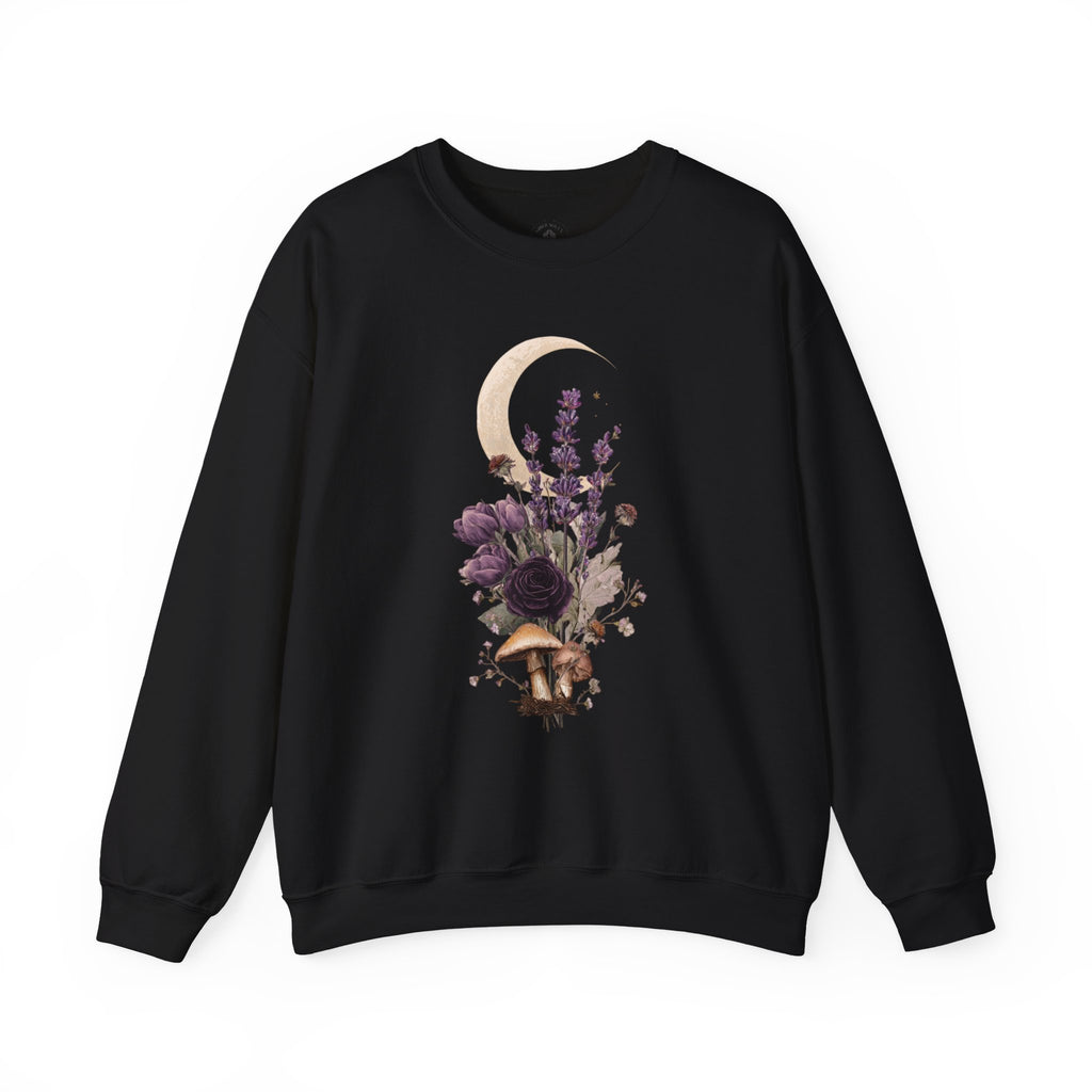 Floral Moon Mystic Sweatshirt – Moon above a floral mushroom bouquet.