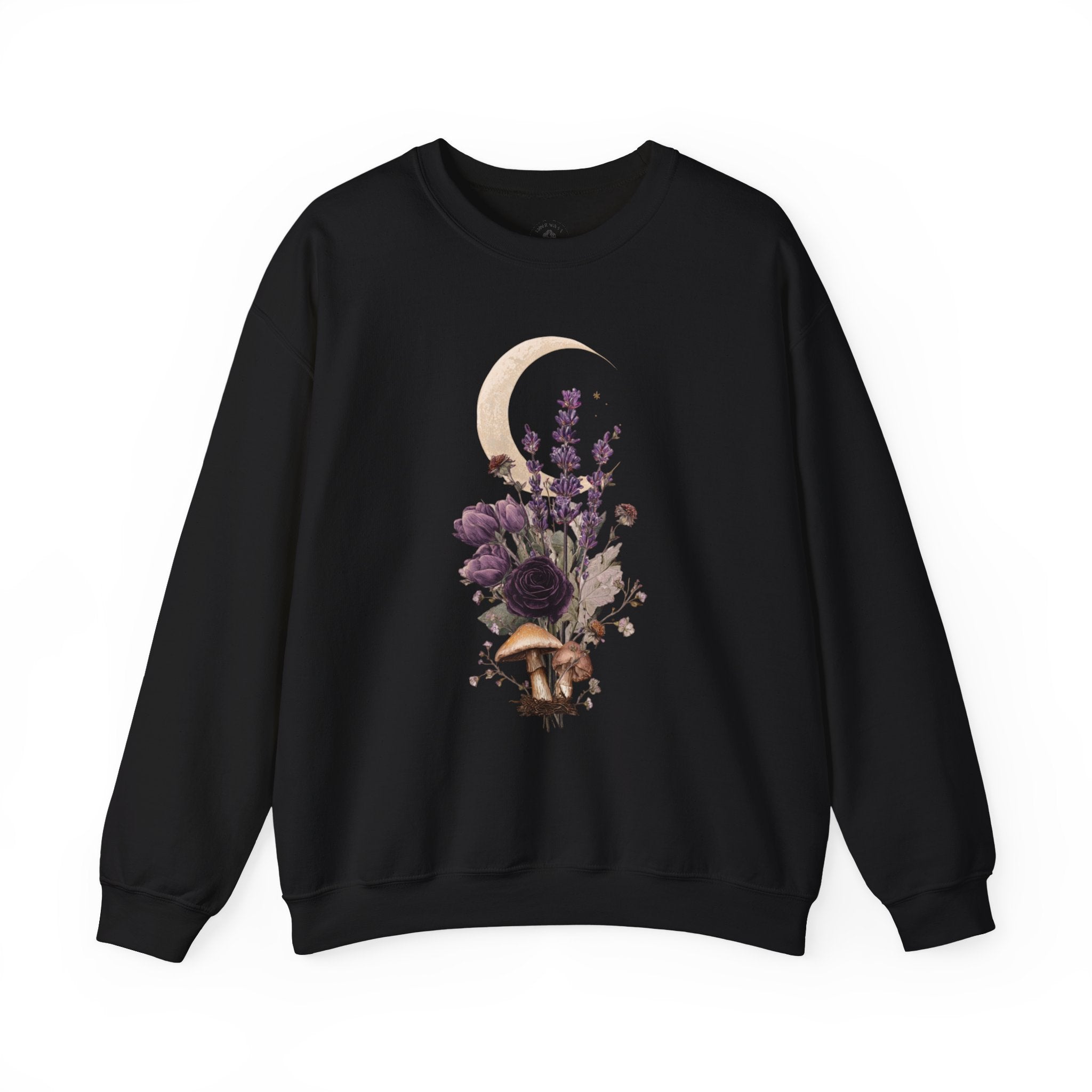 Floral Moon Mystic Sweatshirt – Moon above a floral mushroom bouquet.