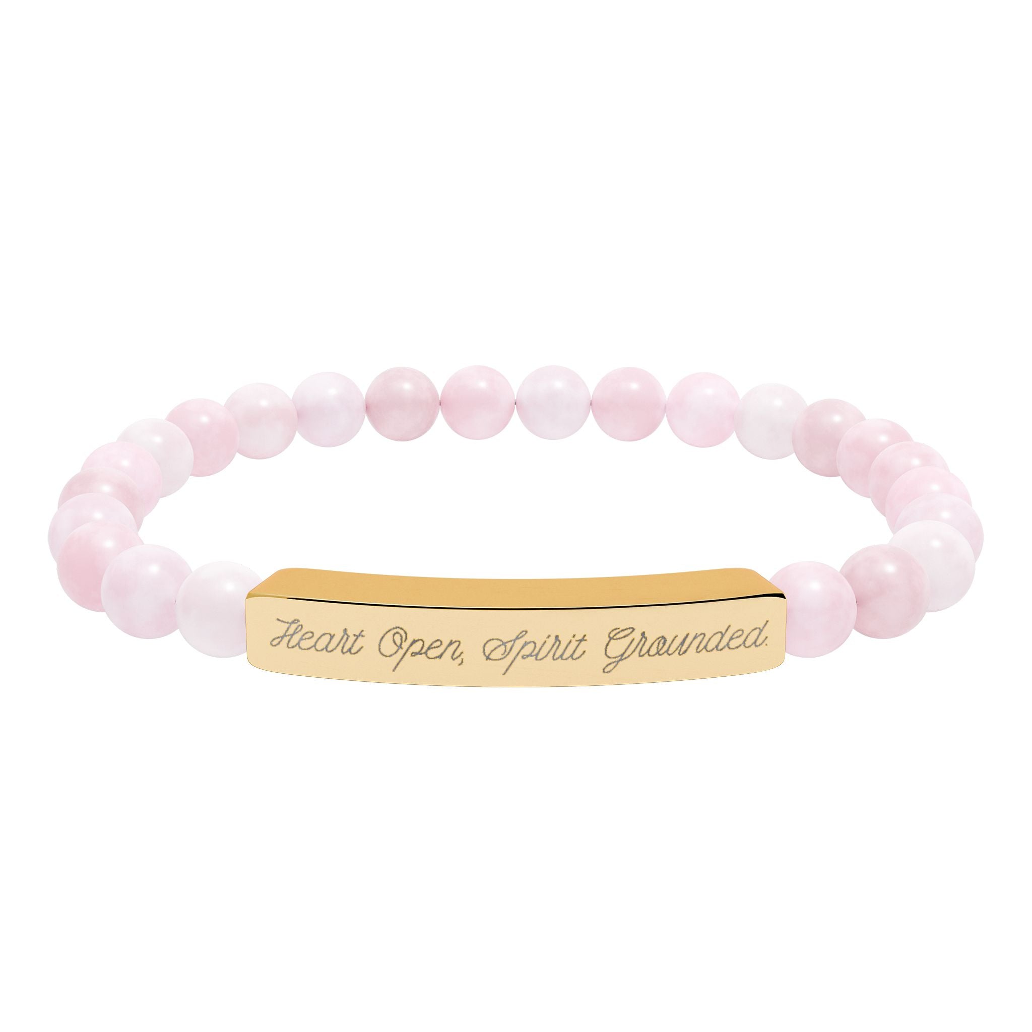 "Heart open, spirit grounded" Engraved Rose Quartz Stretch Bracelet