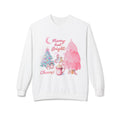 Christmas Crewneck Sweatshirt - "Merry and Bright" Pink Holiday Tree & Cocoa Design
