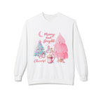 Christmas Crewneck Sweatshirt - "Merry and Bright" Pink Holiday Tree & Cocoa Design