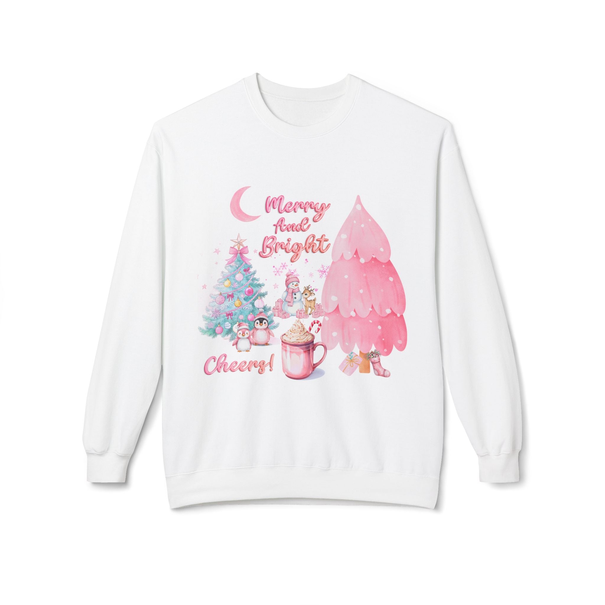 Christmas Crewneck Sweatshirt - "Merry and Bright" Pink Holiday Tree & Cocoa Design