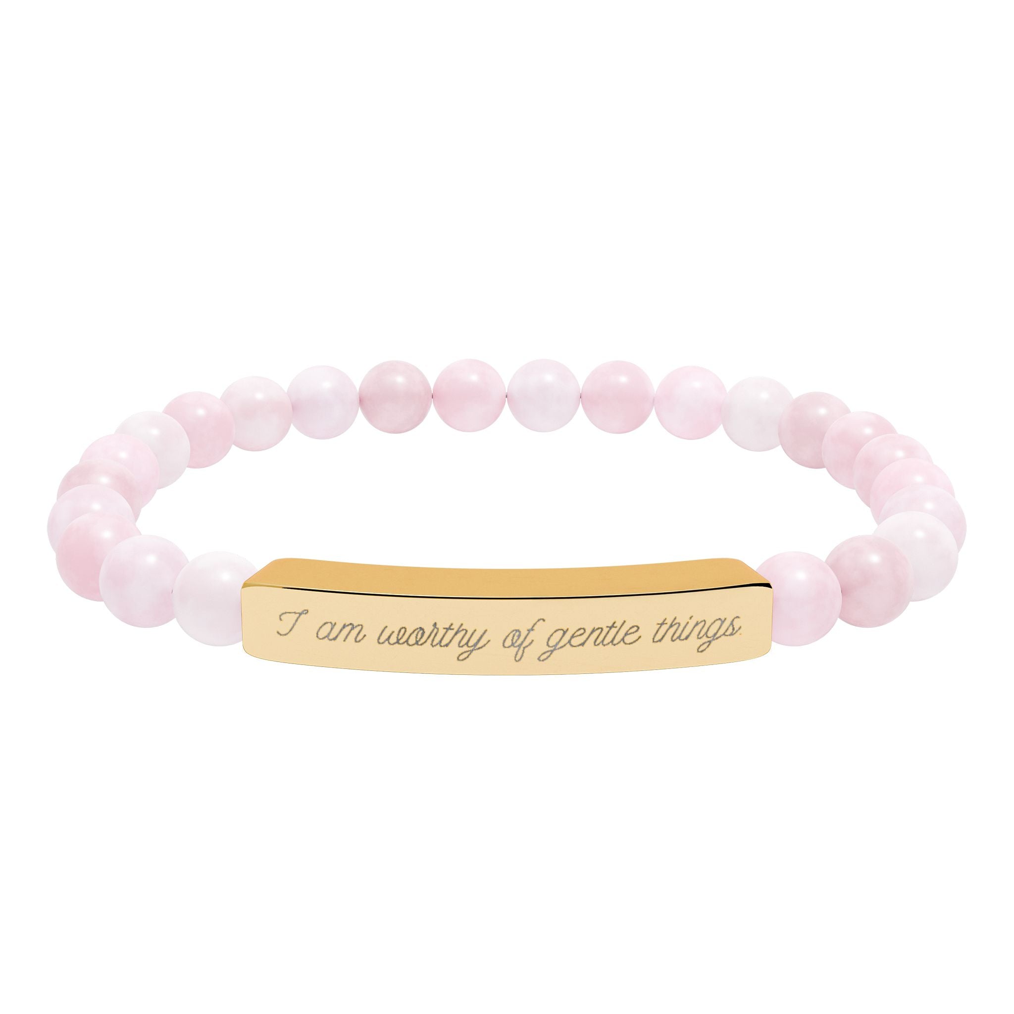 "I am worthy of gentle things" Engraved Rose Quartz Stretch Bracelet