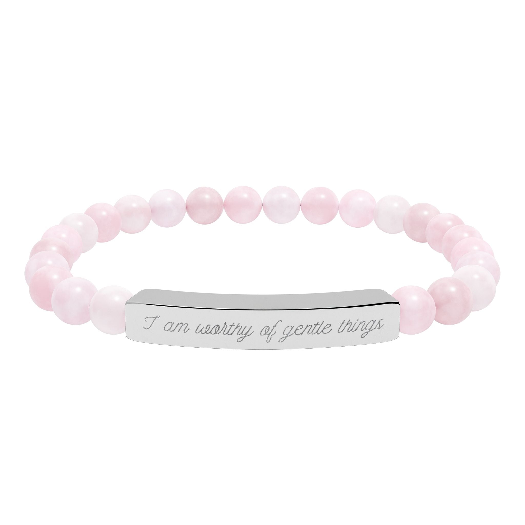 "I am worthy of gentle things" Engraved Rose Quartz Stretch Bracelet