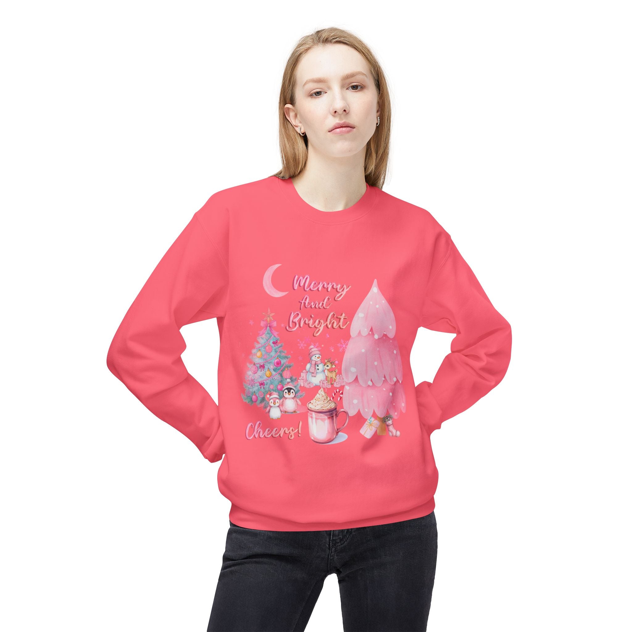 Christmas Crewneck Sweatshirt - "Merry and Bright" Pink Holiday Tree & Cocoa Design