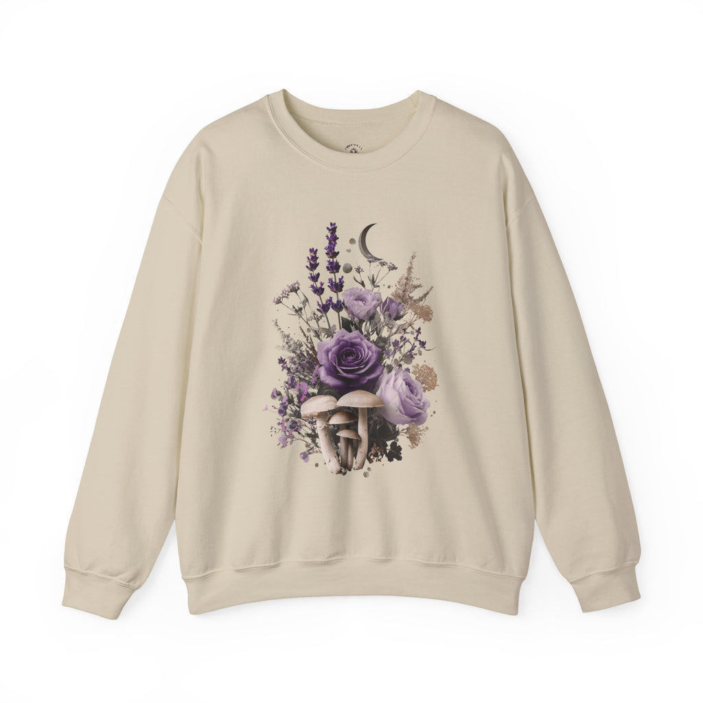 Floral Moon & Mushrooms Sweatshirt — Purple Rose Botanical Crewneck