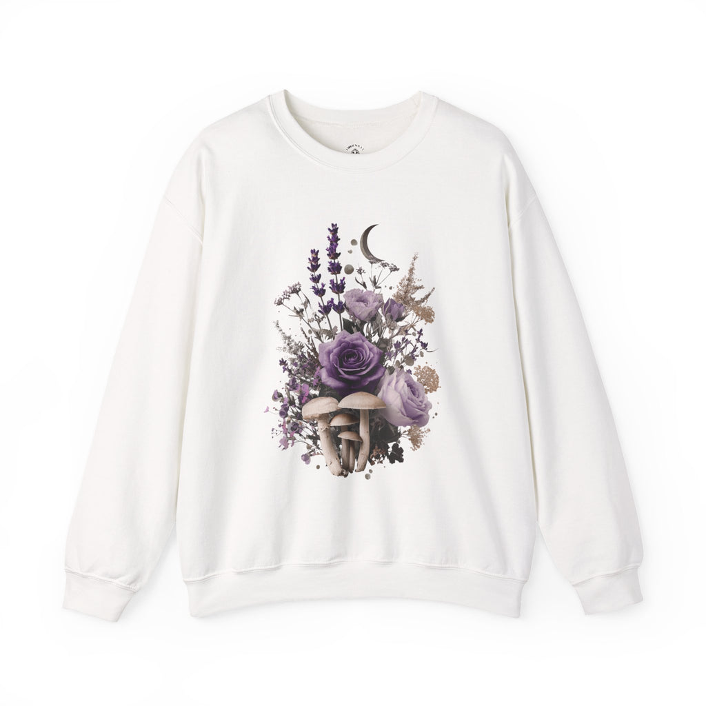 Floral Moon & Mushrooms Sweatshirt — Purple Rose Botanical Crewneck