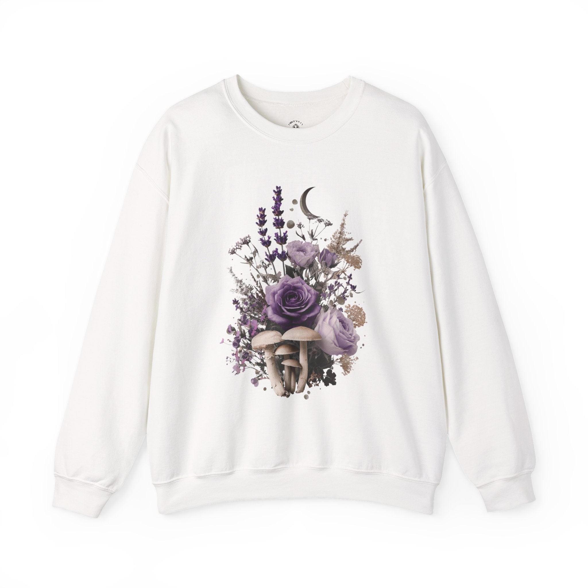Floral Moon & Mushrooms Sweatshirt — Purple Rose Botanical Crewneck