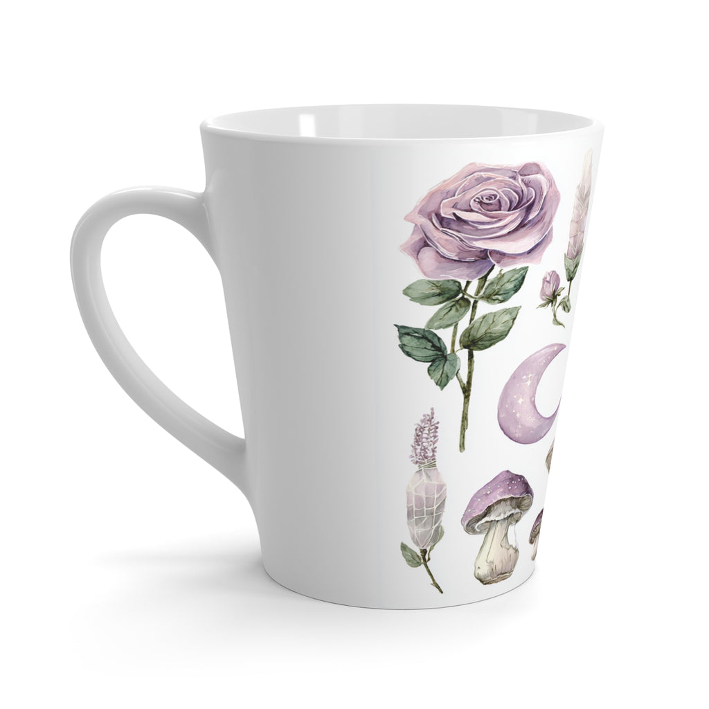Botanical Moon Latte Mug — Lavender Roses, Mushrooms & Crescent Moon Coffee Cup
