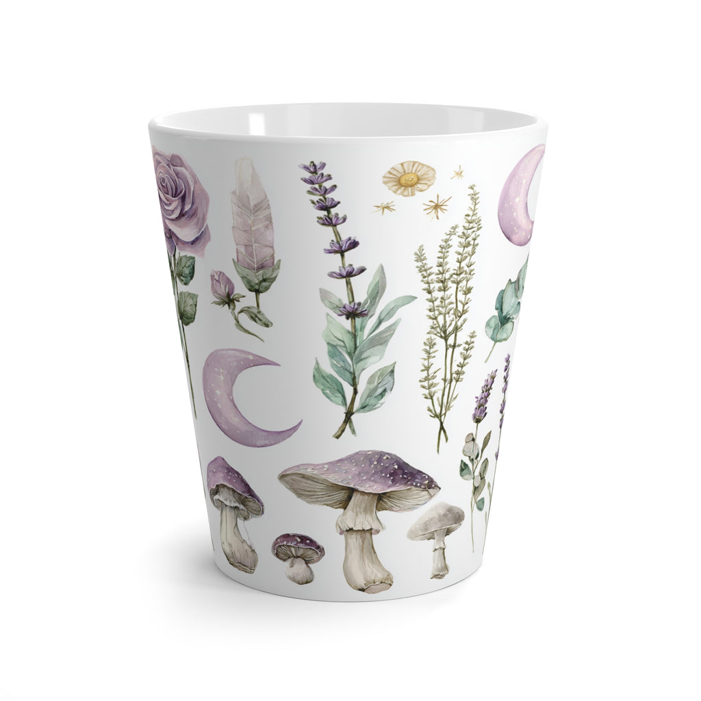 Botanical Moon Latte Mug — Lavender Roses, Mushrooms & Crescent Moon Coffee Cup