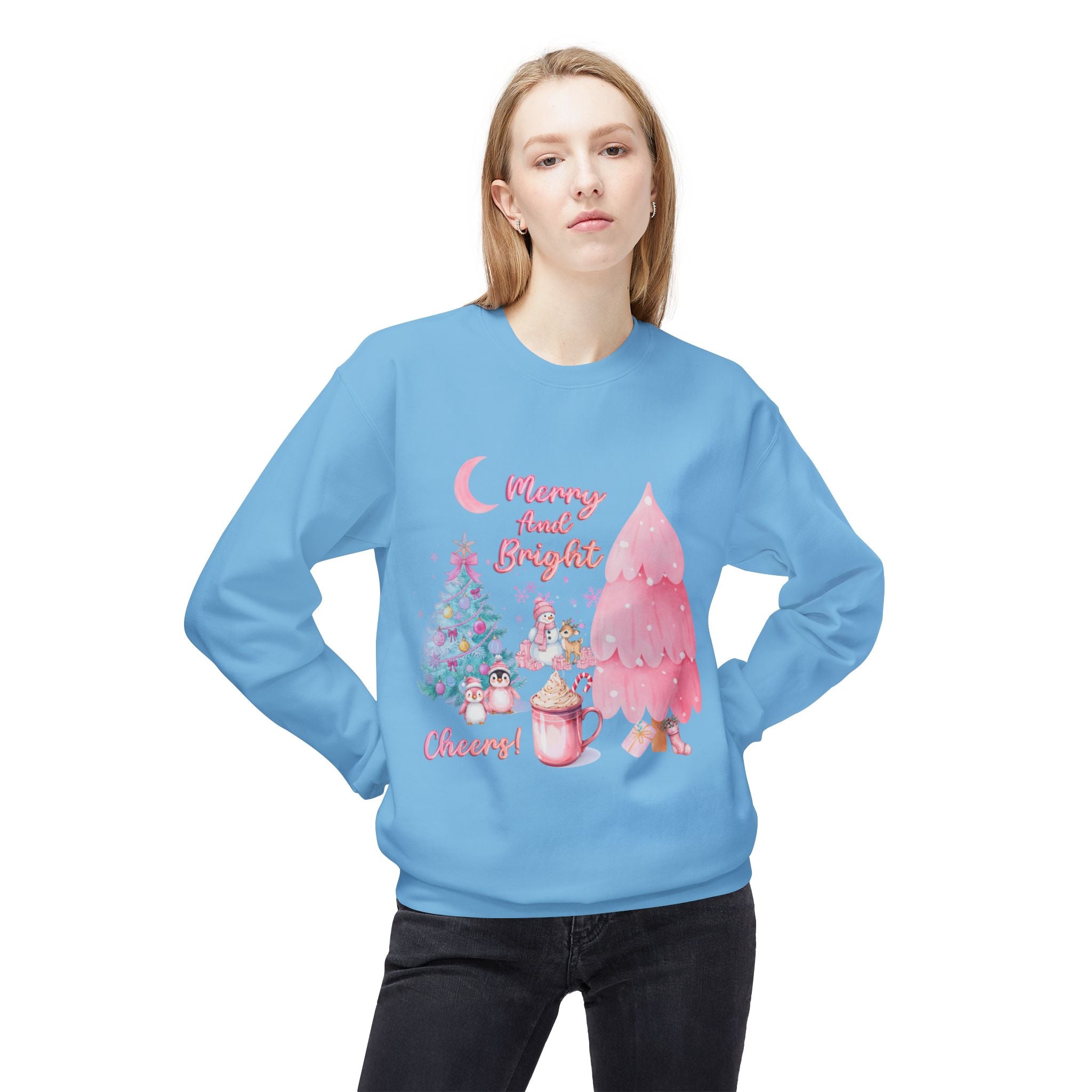 Christmas Crewneck Sweatshirt - "Merry and Bright" Pink Holiday Tree & Cocoa Design