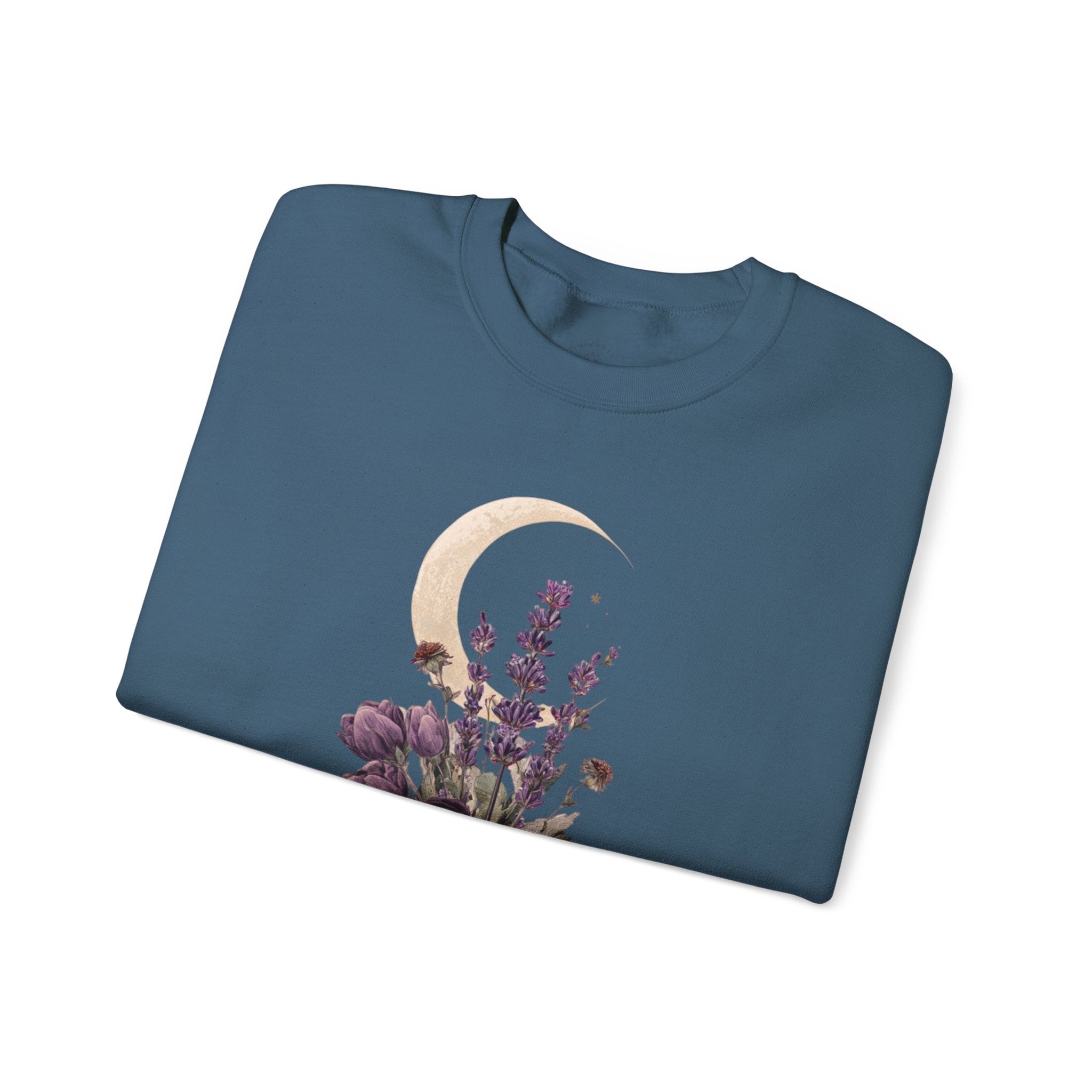 Floral Moon Mystic Sweatshirt – Moon above a floral mushroom bouquet.