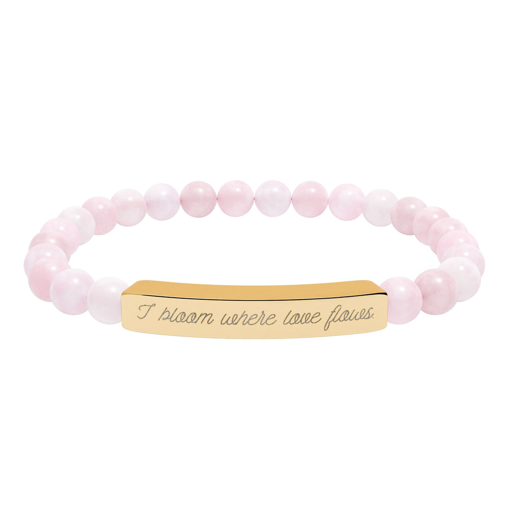 "I bloom where love flows" Engraved Rose Quartz Bracelet for Mindfulness and Self-Care