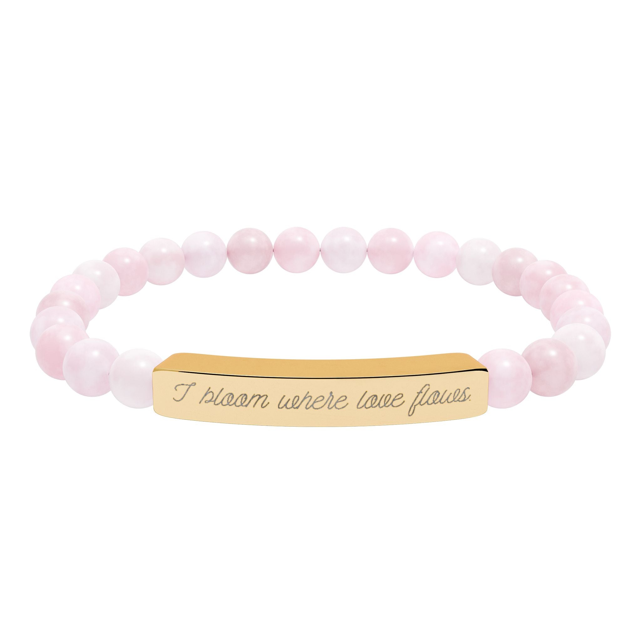 "I bloom where love flows" Engraved Rose Quartz Bracelet for Mindfulness and Self-Care