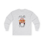 Hello Fall Long Sleeve Tee, Unisex Cotton Shirt, Autumn Apparel, Cozy Clothing, Seasonal Tee, Thanksgiving Gift