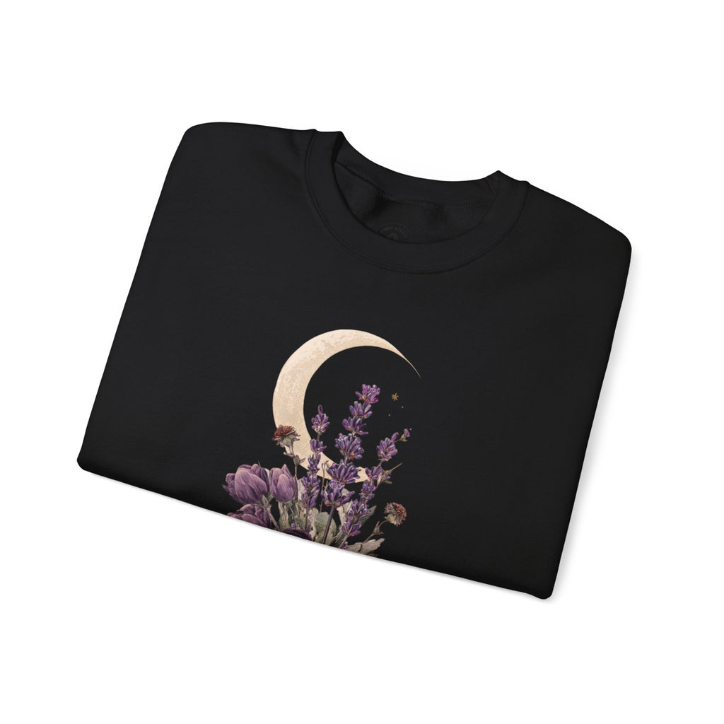 Floral Moon Mystic Sweatshirt – Moon above a floral mushroom bouquet.