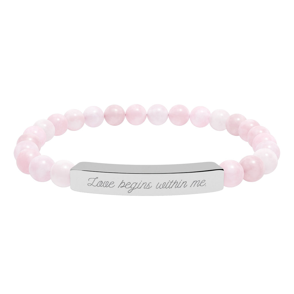 "Love begins within me." Engraved Rose quartz Bar Bracelet - Meaningful Gemstone Jewelry