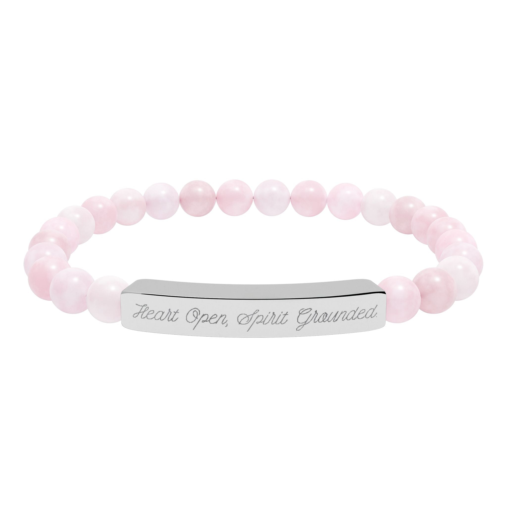 "Heart open, spirit grounded" Engraved Rose Quartz Stretch Bracelet
