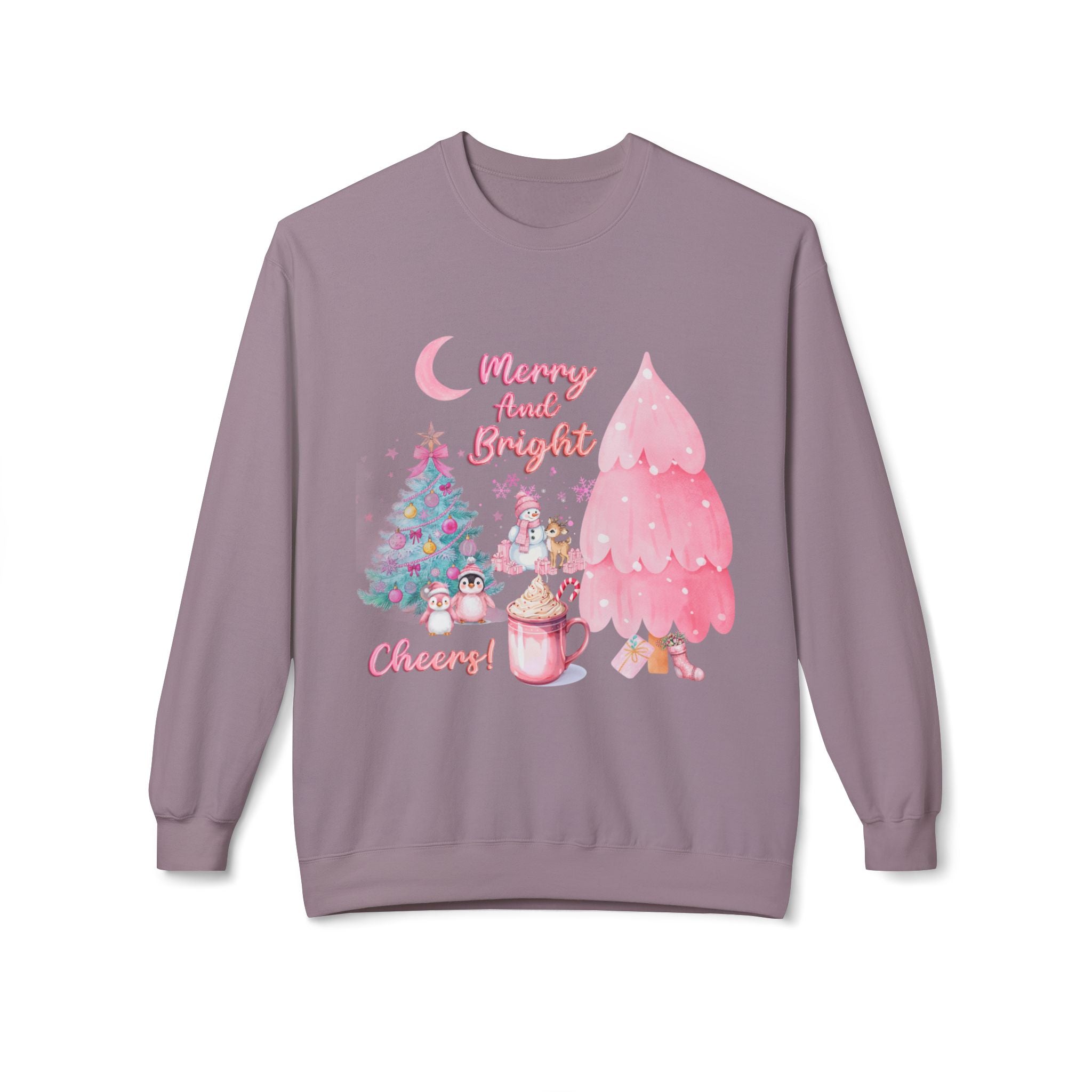 Christmas Crewneck Sweatshirt - "Merry and Bright" Pink Holiday Tree & Cocoa Design