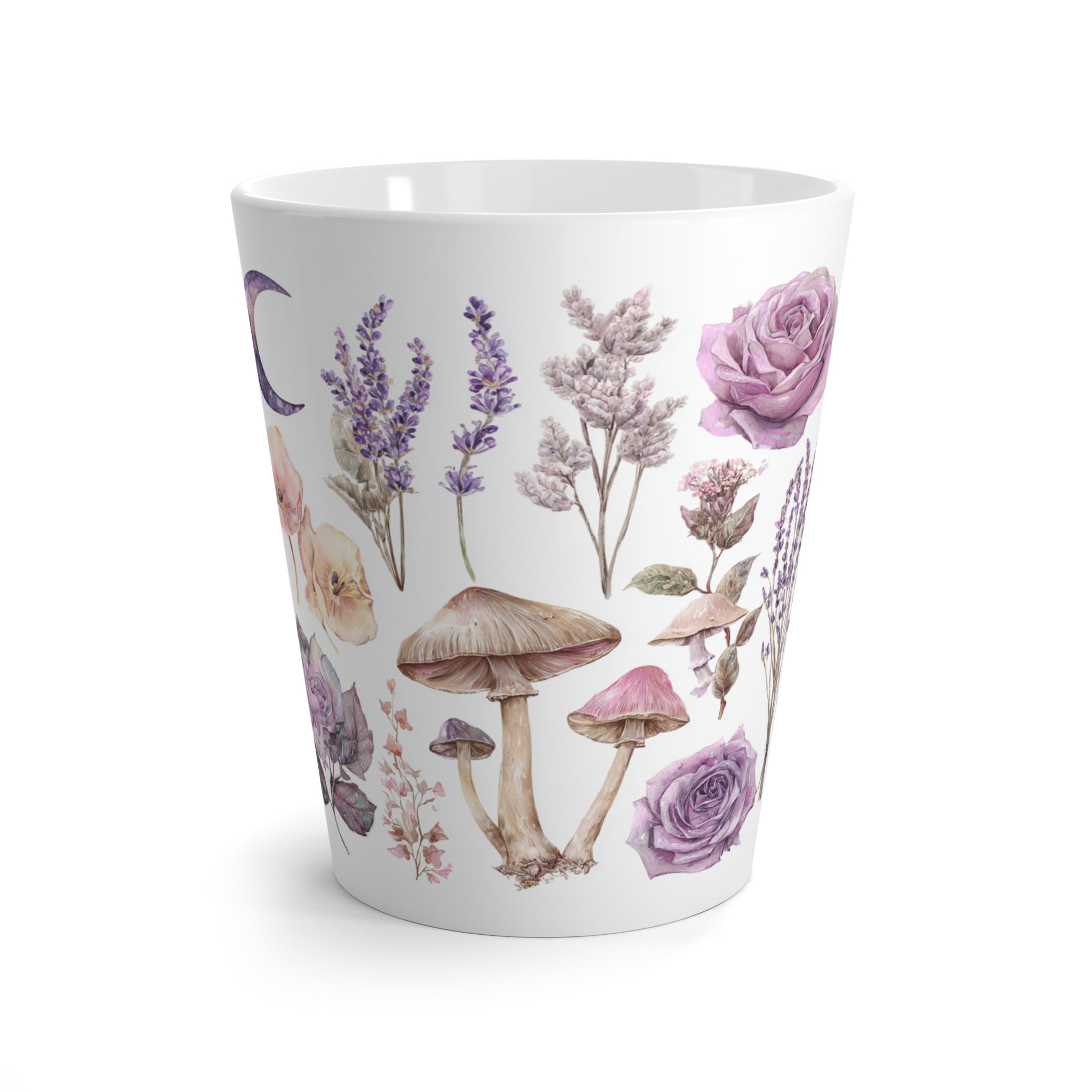 Latte Mug — Lavender Floral & Mushrooms Moon Ceramic Coffee Cup