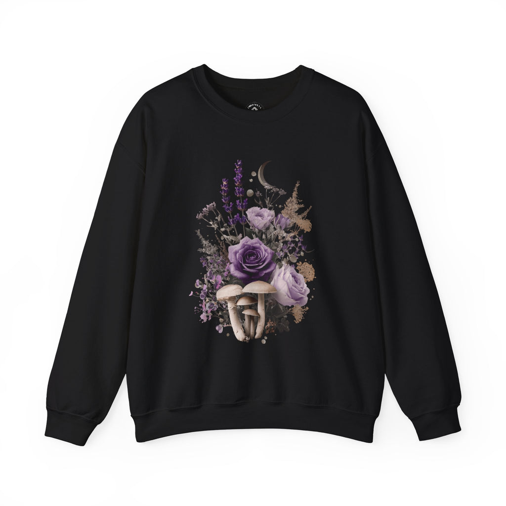 Floral Moon & Mushrooms Sweatshirt — Purple Rose Botanical Crewneck