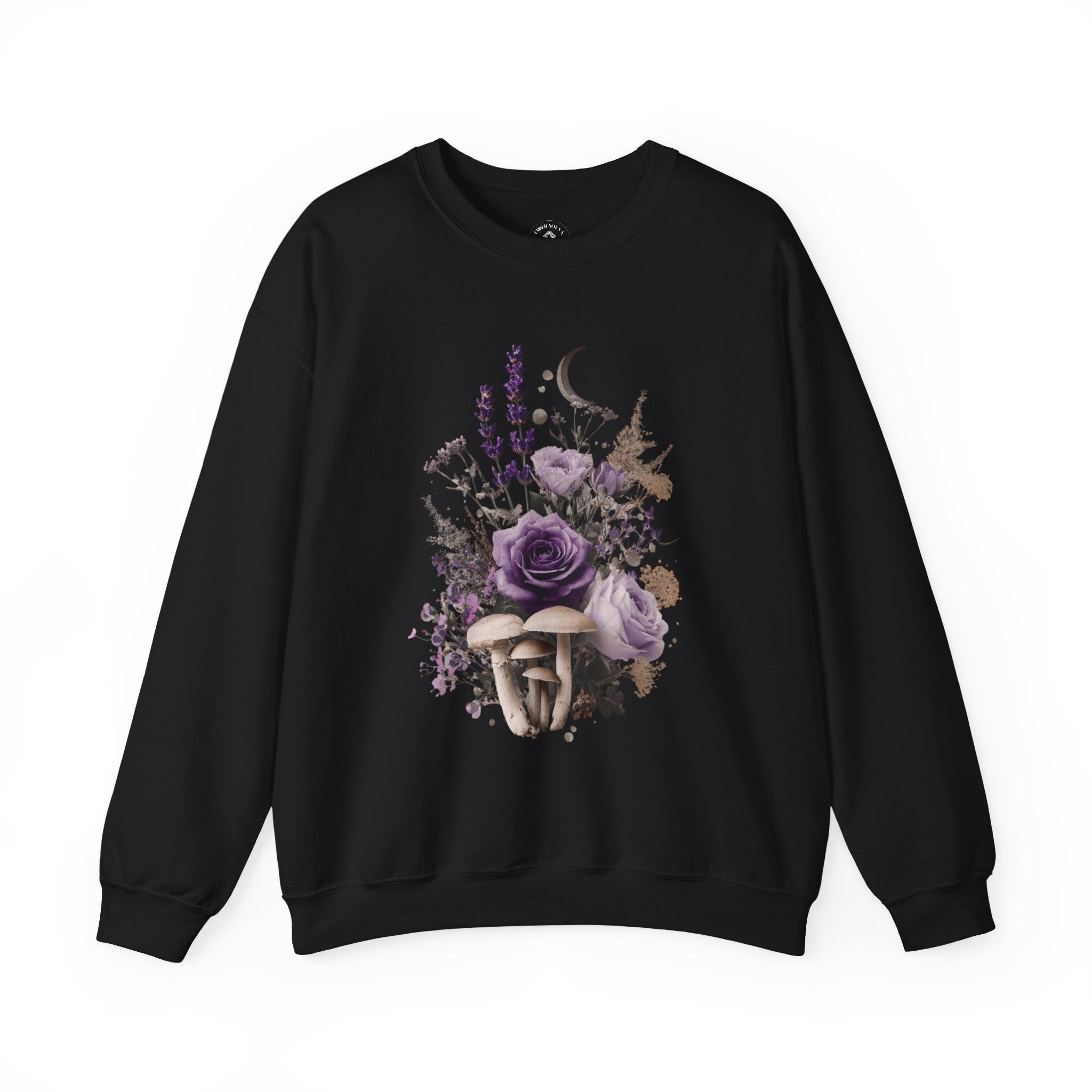 Floral Moon & Mushrooms Sweatshirt — Purple Rose Botanical Crewneck