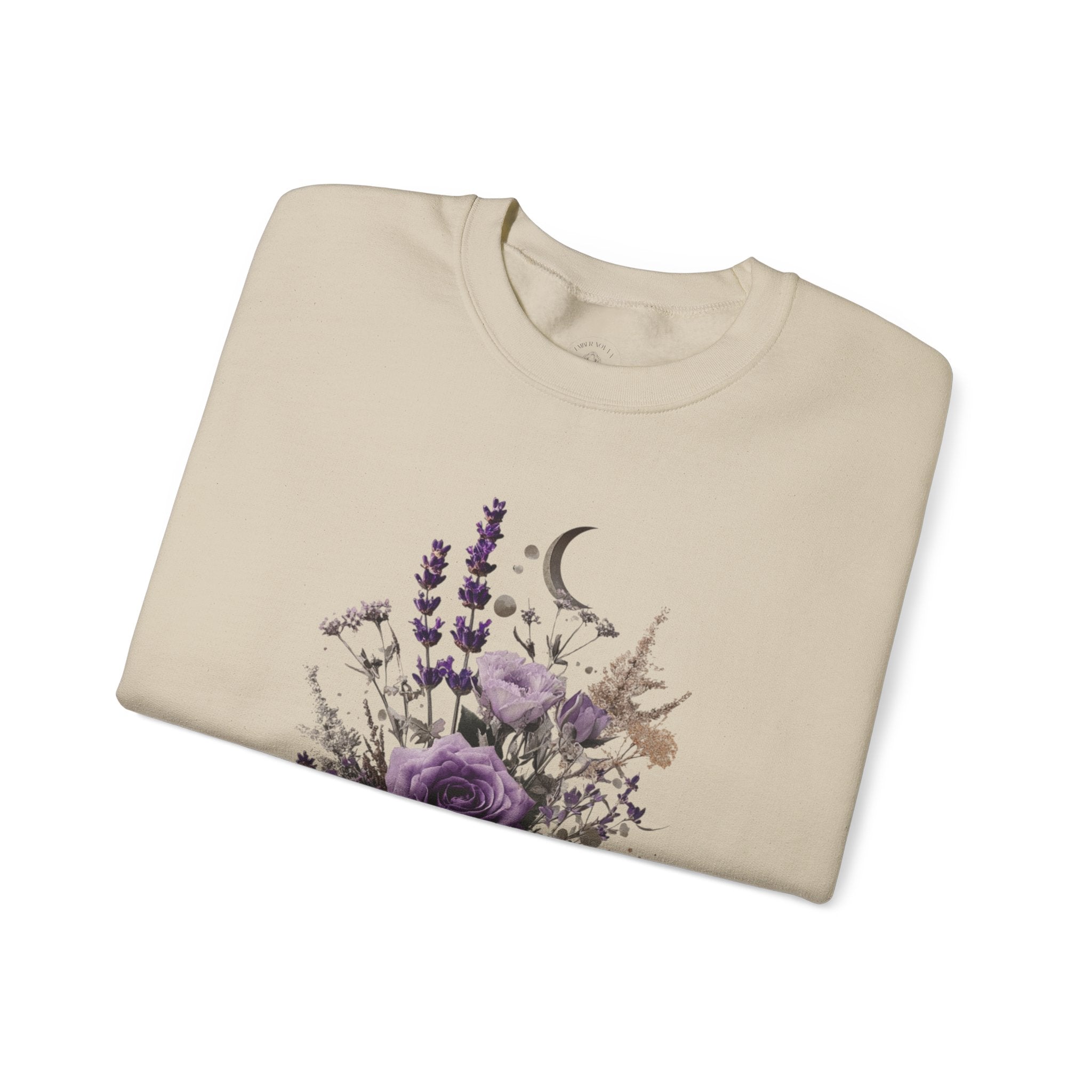 Floral Moon & Mushrooms Sweatshirt — Purple Rose Botanical Crewneck