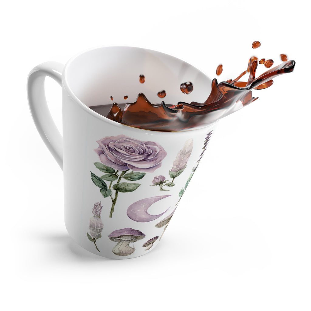 Botanical Moon Latte Mug — Lavender Roses, Mushrooms & Crescent Moon Coffee Cup