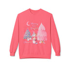 Christmas Crewneck Sweatshirt - "Merry and Bright" Pink Holiday Tree & Cocoa Design