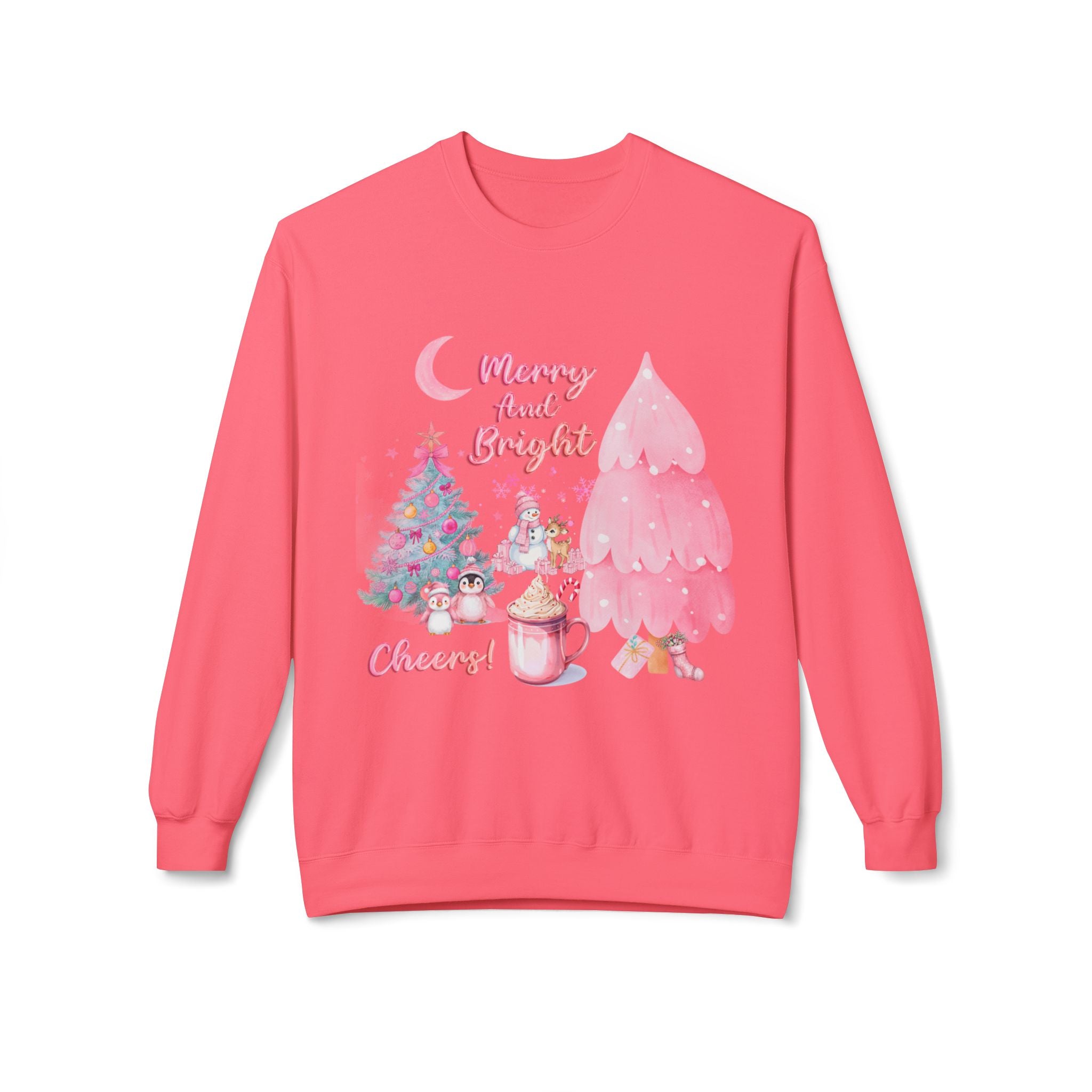 Christmas Crewneck Sweatshirt - "Merry and Bright" Pink Holiday Tree & Cocoa Design
