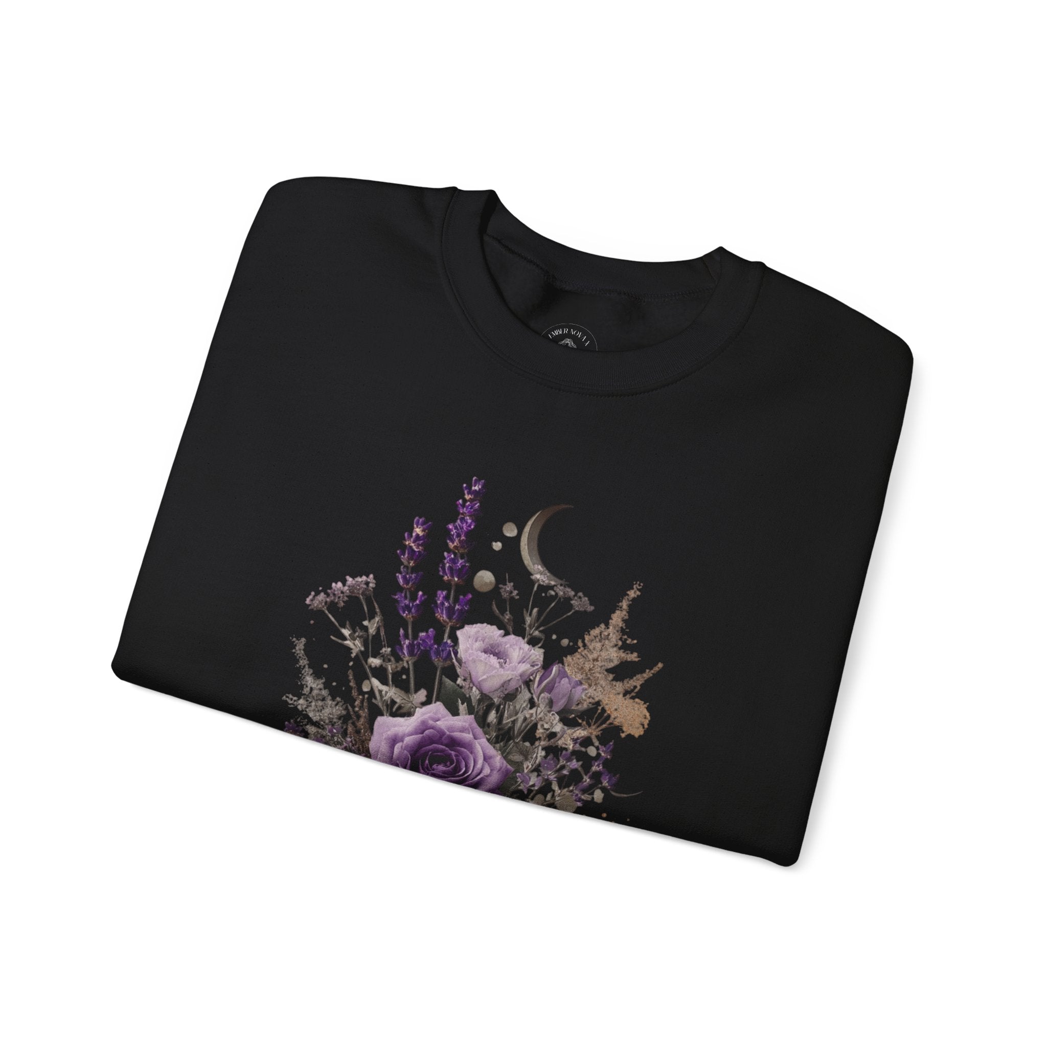 Floral Moon & Mushrooms Sweatshirt — Purple Rose Botanical Crewneck