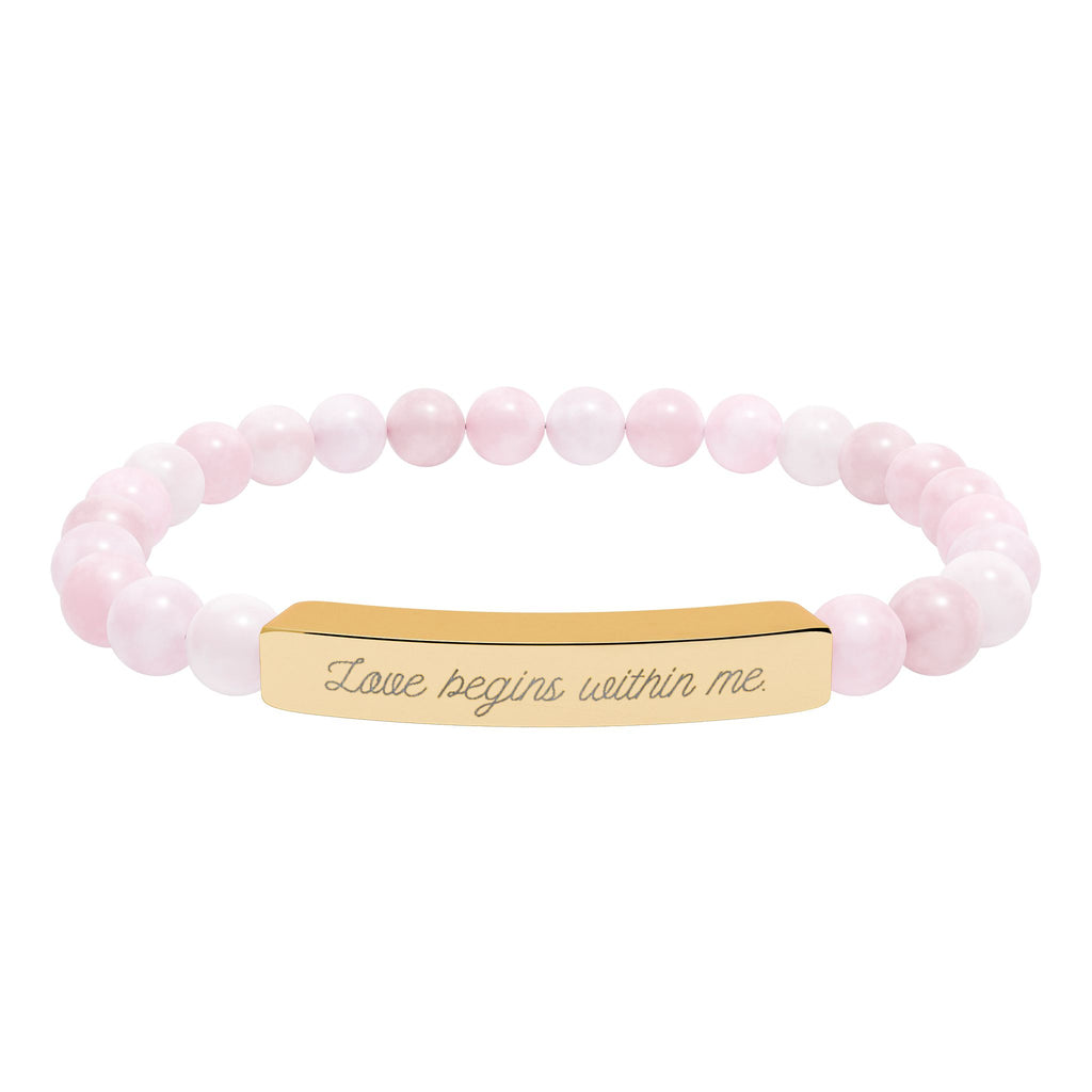 "Love begins within me." Engraved Rose quartz Bar Bracelet - Meaningful Gemstone Jewelry