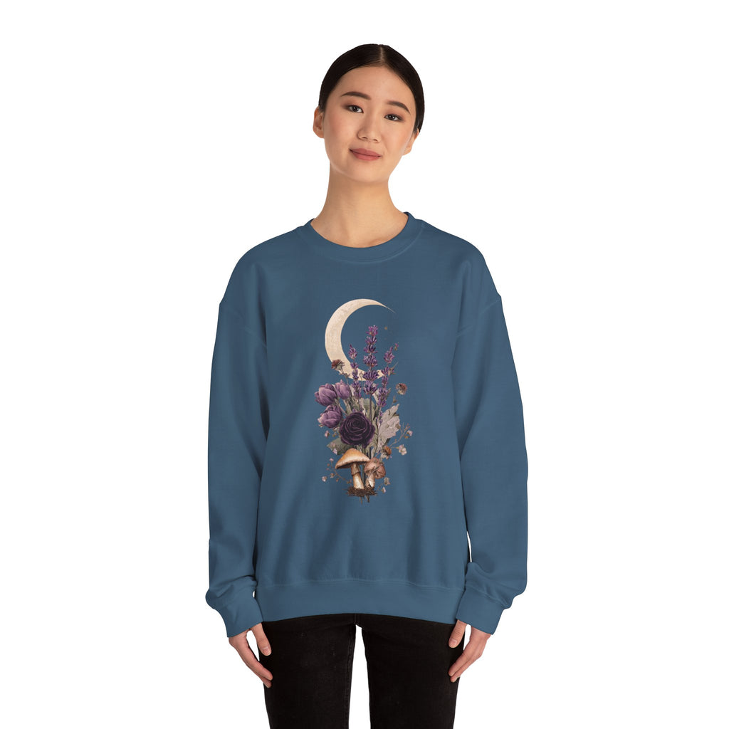 Floral Moon Mystic Sweatshirt – Moon above a floral mushroom bouquet.